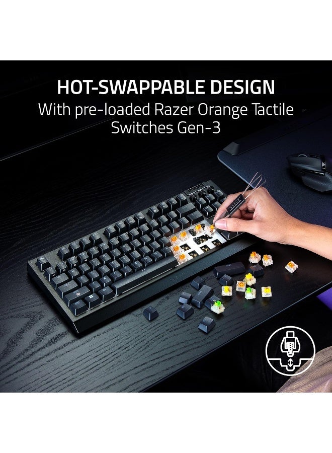 ريزر لوحة مفاتيح الألعاب الميكانيكية اللاسلكية بلاك ويدو V4 بدون لوحة مفاتيح رقمية، TKL، مفاتيح قابلة للتبديل الساخن، مفتاح ميكانيكي برتقالي، إضاءة RGB شاملة لكل مفتاح، 2.4GHz هايبر سبيد + بلوتوث، USB-C، لوحة مفاتيح ألعاب مدمجة | RZ03-05480100-R3M1 - Image 3