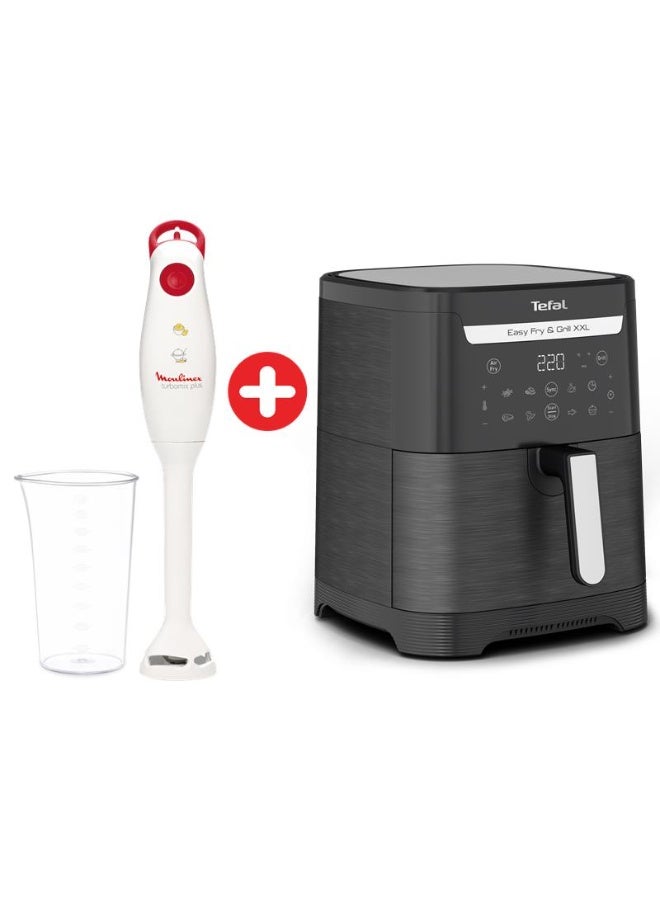 تيفال Tefal Easy Fry & Grill XXL, Digital, 6.5 L,1800 Watt, 8 Preset Programs, Black - EY8018EG + ( Gift ) Moulinex Turbomix Plus Hand Blender, 350 watt, Beaker 800 ml - DD1001EG 6.5 L 350 W DD1001EG Black