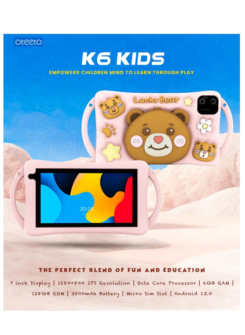 Oteeto K6 Kids Tablet, 7 inch Display, 128GB Storage, 6GB RAM, 3500mAh Battery, Lucky Bear Case - Image 3