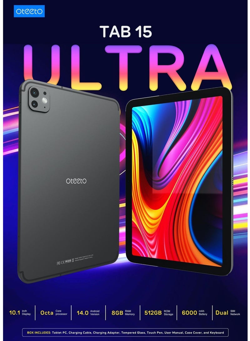 Oteeto Tab 15 Ultra | 10.1'' FHD Display | Ultra-Fast Octa-Core | 12GB RAM + 512GB ROM | Android 14 | 6000mAh Powerhouse | Dual SIM | Premium Performance & Style, SILVER - Image 3