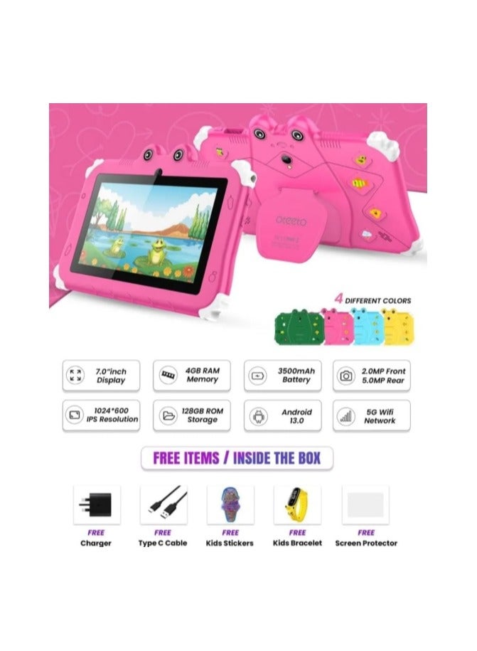 Oteeto TAB 6 Kids Tablet, 7-Inch IPS LCD, 4GB RAM 128GB ROM, Android 13, Dual Camera, Black/Pink - Image 4