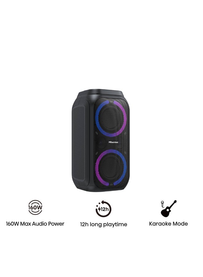 Hisense 160W 4 Speakers Light Effect Karaoke Mode TWS Pairing 5.0 Bluetooth Vocal Fader Built-in Handle IPX4 Splash Proof Up to 12hrs Playtime Party Rocket 160 black - Image 2