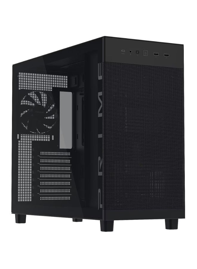 أسوس Prime AP303 Tempered Glass Panel Compact 44 L ATX Mid-Tower PC Case, Graphics Cards up to 360 mm, Radiators up to 360 mm, Rear 120 mm Fan Pre-Installed, Front USB-C 20 Gbps + 2×USB 3.2 Gen1, Tool-Free Tempered Glass Side Panel, GPU Bracket & 15A Internal Power Cable, Black | 90DC00V0-B39010 - Image 1
