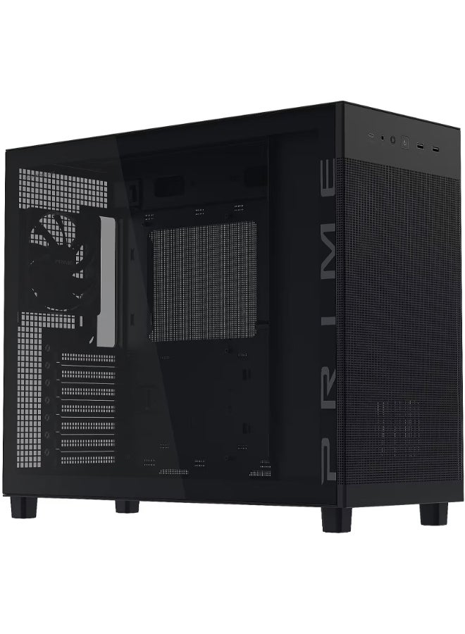 أسوس Prime AP303 Tempered Glass Panel Compact 44 L ATX Mid-Tower PC Case, Graphics Cards up to 360 mm, Radiators up to 360 mm, Rear 120 mm Fan Pre-Installed, Front USB-C 20 Gbps + 2×USB 3.2 Gen1, Tool-Free Tempered Glass Side Panel, GPU Bracket & 15A Internal Power Cable, Black | 90DC00V0-B39010 - Image 2