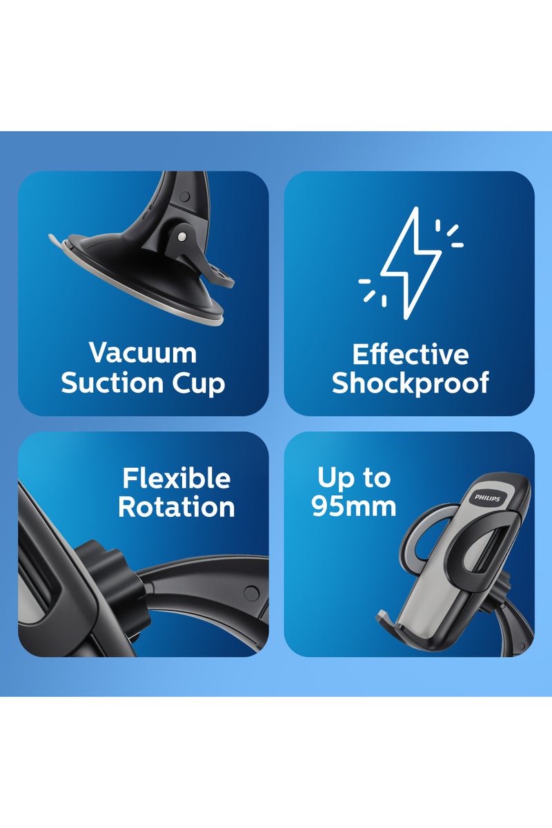 Philips Car Mobile Phone Mount with Vacuum Suction Cup, Shockproof, 360° Rotation, Flexible Design, Universal Compatibility for mobile devices, Secure and Convenient Hands, Free Use Grey - Image 2