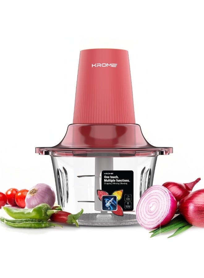 Krome 1.8L One-Touch Multi-Function Chopper with 4 Stainless Steel Blades – Chopping, Mincing & Blending, Easy-Clean Detachable Design - 300 W KR-CH202B White