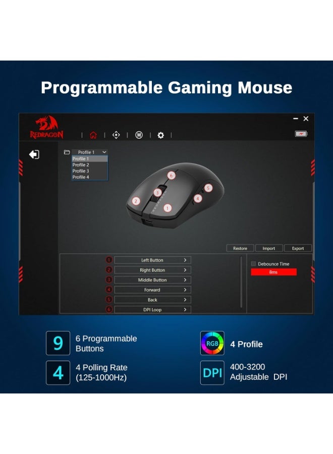 REDRAGON Wireless Gaming Mouse M815-STD, 3 Modes Lightweight Wireless Mouse, Full Programmable Buttons, 12000 DPI Software Supports DIY Keybinds - Black - Image 4