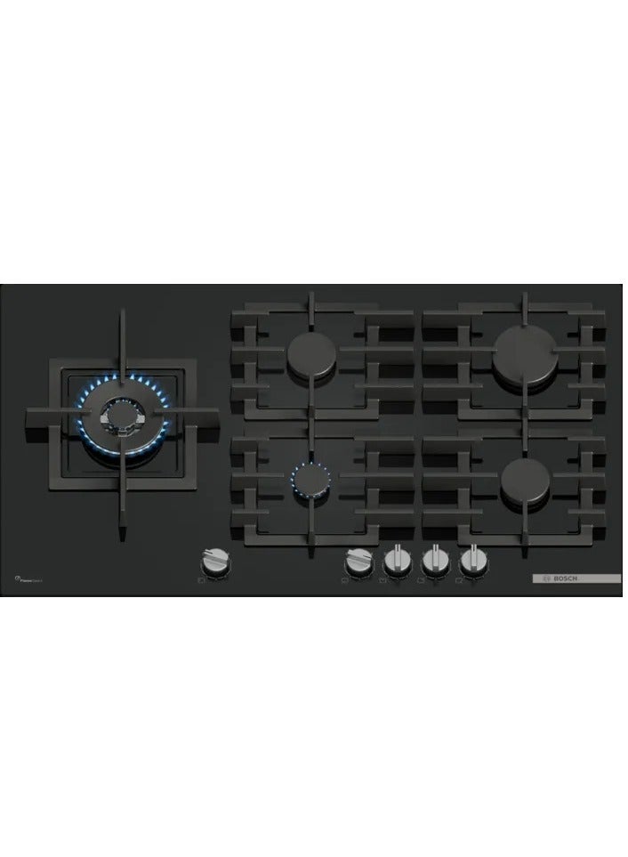 BOSCH Gas Built-in Hob 90cm Series 6,5 Burners, Tempered Glass Surface, Flame Select, Wok Burner, Cast Iron Pan Supports – PPM9A6I40 Black - Image 1