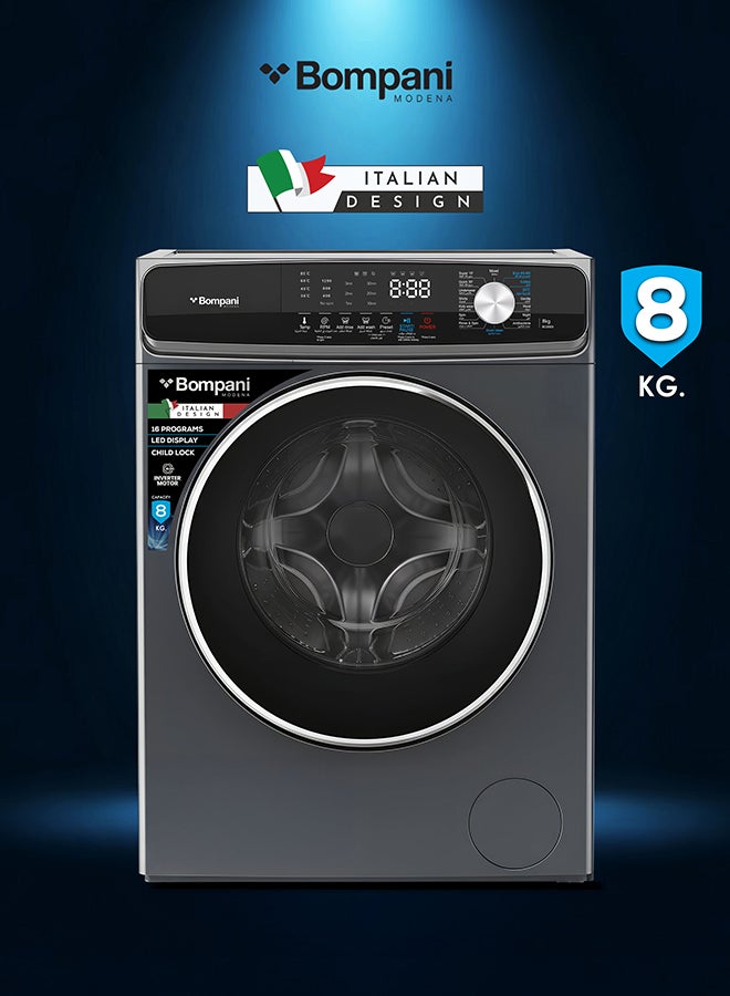 Bompani Front Load Washing Machine 8KG Inverter Motor, LED Display, 1200RPM, 16 Programs, Touch & Knob Control, 58.5L Drum, Anti-Bacterial Tub, 2000W - (1 Year Warranty) 8 kg BO3003I grey - Image 1