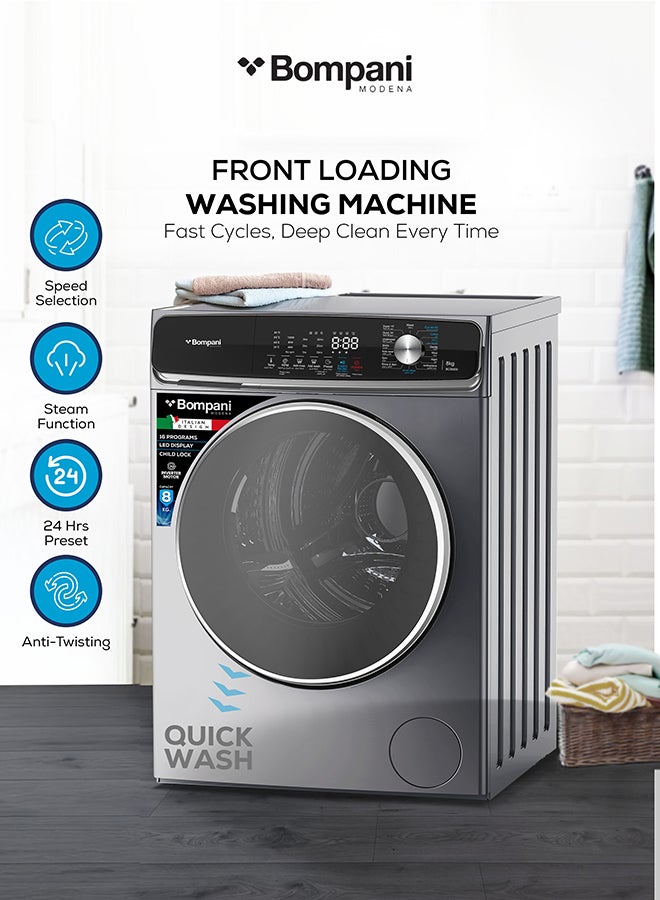 Bompani Front Load Washing Machine 8KG Inverter Motor, LED Display, 1200RPM, 16 Programs, Touch & Knob Control, 58.5L Drum, Anti-Bacterial Tub, 2000W - (1 Year Warranty) 8 kg BO3003I grey - Image 5