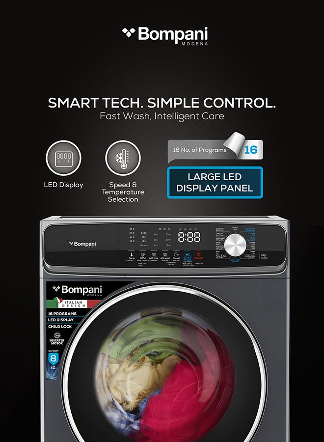 Bompani Front Load Washing Machine 8KG Inverter Motor, LED Display, 1200RPM, 16 Programs, Touch & Knob Control, 58.5L Drum, Anti-Bacterial Tub, 2000W - (1 Year Warranty) 8 kg BO3003I grey - Image 4