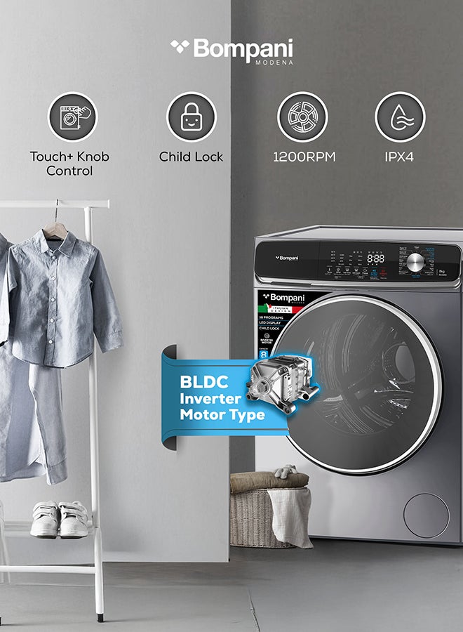 Bompani Front Load Washing Machine 8KG Inverter Motor, LED Display, 1200RPM, 16 Programs, Touch & Knob Control, 58.5L Drum, Anti-Bacterial Tub, 2000W - (1 Year Warranty) 8 kg BO3003I grey - Image 2