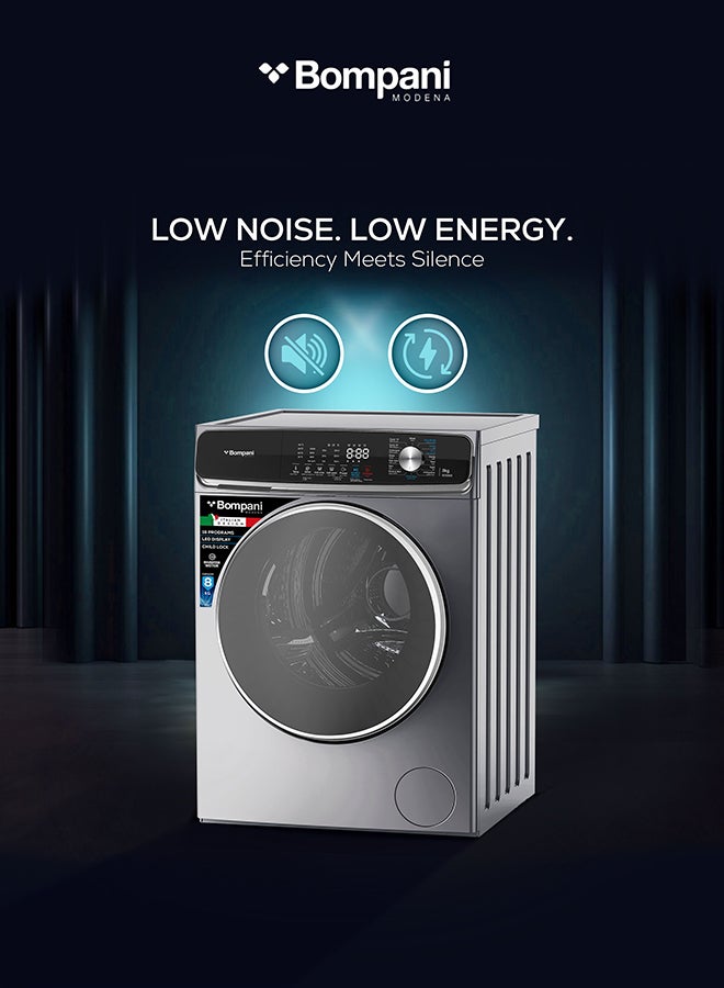 Bompani Front Load Washing Machine 8KG Inverter Motor, LED Display, 1200RPM, 16 Programs, Touch & Knob Control, 58.5L Drum, Anti-Bacterial Tub, 2000W - (1 Year Warranty) 8 kg BO3003I grey - Image 3