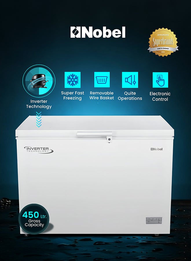 Nobel 450L Gross / 308L Net Inverter Chest Freezer Single Door, R600a Refrigerant, Hidden Condenser, Manual Defrost, LED Light, Lock & Key, Energy Efficient Deep Freezer - NCF450 (1 Year Warranty) 450 L 400 W NCF450 white - Image 1