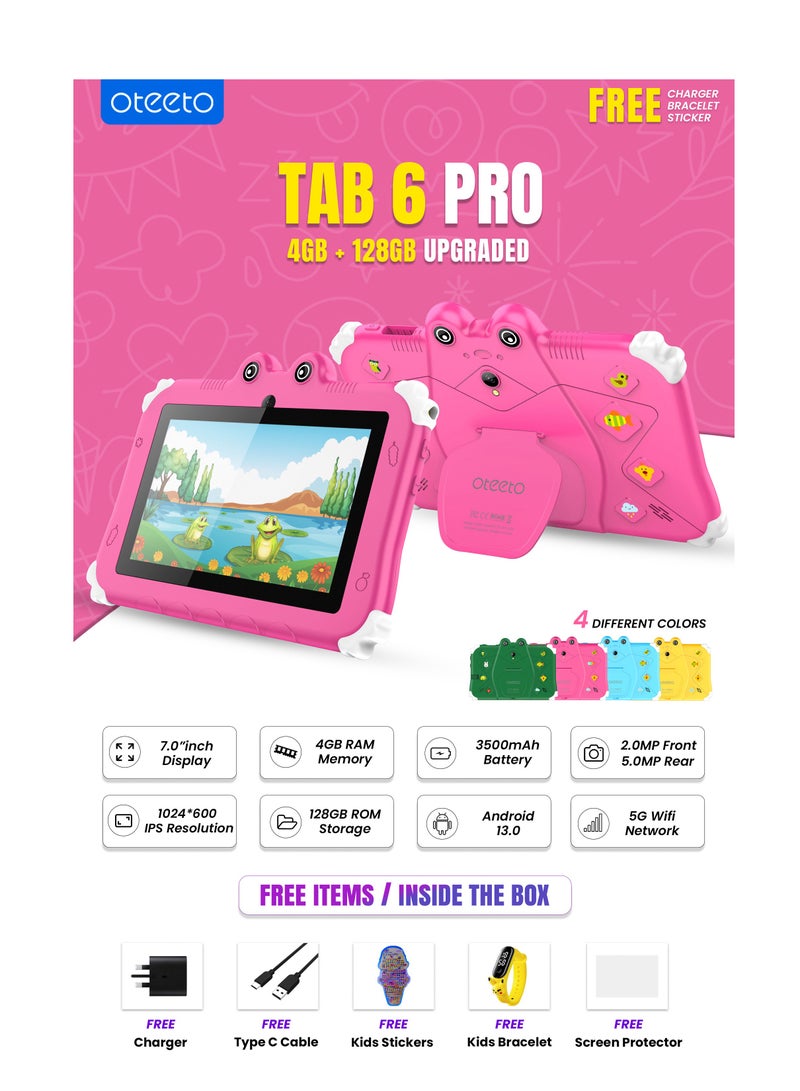 أوتيتو TAB 6 Kids Tablet 4GB RAM + 128GB ROM 7-Inch IPS LCD / Quad-Core 1.3 GHz Processor/2MP Front + 5MP Rear Camera / 3500mAh Battery / Wifi / Android 13 /Includes Tablet PC, Charger, Micro Cable, Screen protector, User manual, Bracelet And Touch Pen - Image 3