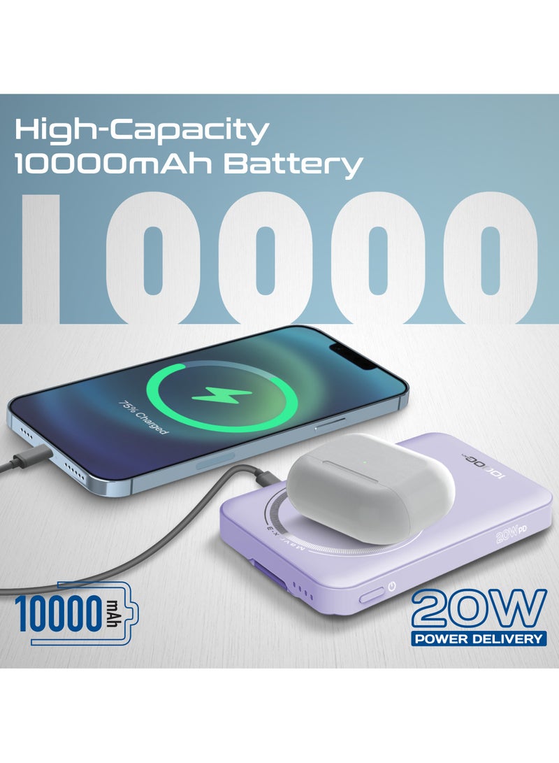 بروميت 10000 mAh Mavrix-3 10000mAh MagSafe Wireless Power Bank with Apple Watch Charger, 15W MagSafe, 20W USB-C PD, Kickstand & Strong N52 Magnets – Ultra-Compact Travel-Safe Charging Station - Purple - Image 3