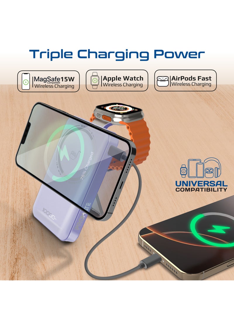بروميت 10000 mAh Mavrix-3 10000mAh MagSafe Wireless Power Bank with Apple Watch Charger, 15W MagSafe, 20W USB-C PD, Kickstand & Strong N52 Magnets – Ultra-Compact Travel-Safe Charging Station - Purple - Image 2