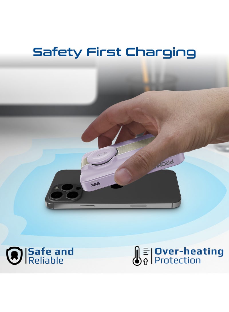 بروميت 10000 mAh Mavrix-3 10000mAh MagSafe Wireless Power Bank with Apple Watch Charger, 15W MagSafe, 20W USB-C PD, Kickstand & Strong N52 Magnets – Ultra-Compact Travel-Safe Charging Station - Purple - Image 4