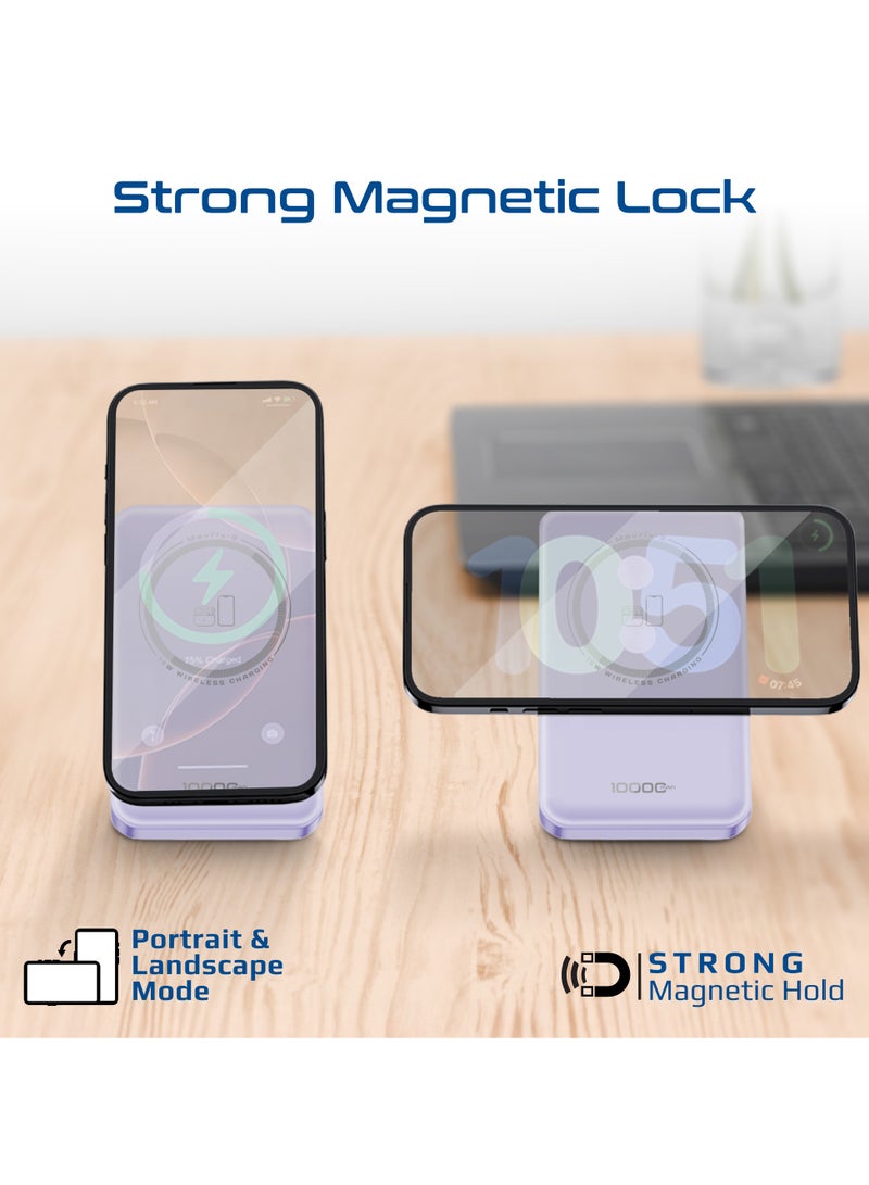 بروميت 10000 mAh Mavrix-3 10000mAh MagSafe Wireless Power Bank with Apple Watch Charger, 15W MagSafe, 20W USB-C PD, Kickstand & Strong N52 Magnets – Ultra-Compact Travel-Safe Charging Station - Purple - Image 5