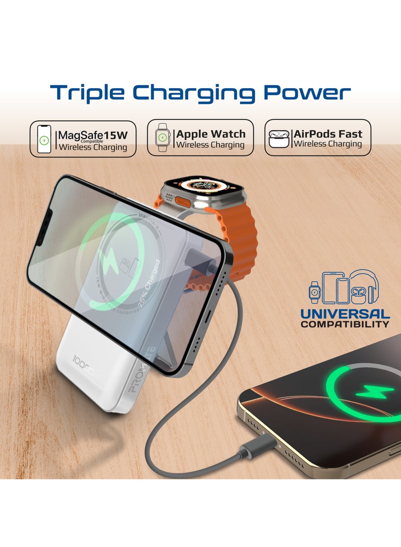 بروميت Mavrix-3 10000mAh MagSafe Power Bank with Apple Watch Charger, 15W Wireless, 20W USB-C PD Fast Charging, N52 Magnetic, Kickstand, TSA-Approved for iPhone 17/17Pro/16 Samsung S26/S25 White White - Image 2