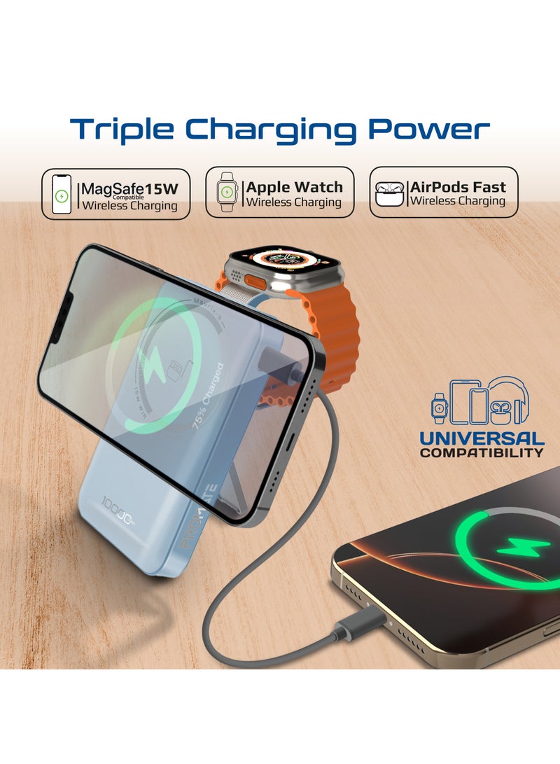 بروميت 10000 mAh Mavrix-3 10000mAh MagSafe Wireless Power Bank with Apple Watch Charger, 15W MagSafe, 20W USB-C PD, Kickstand & Strong N52 Magnets – Ultra-Compact Travel-Safe Charging Station - Blue - Image 2