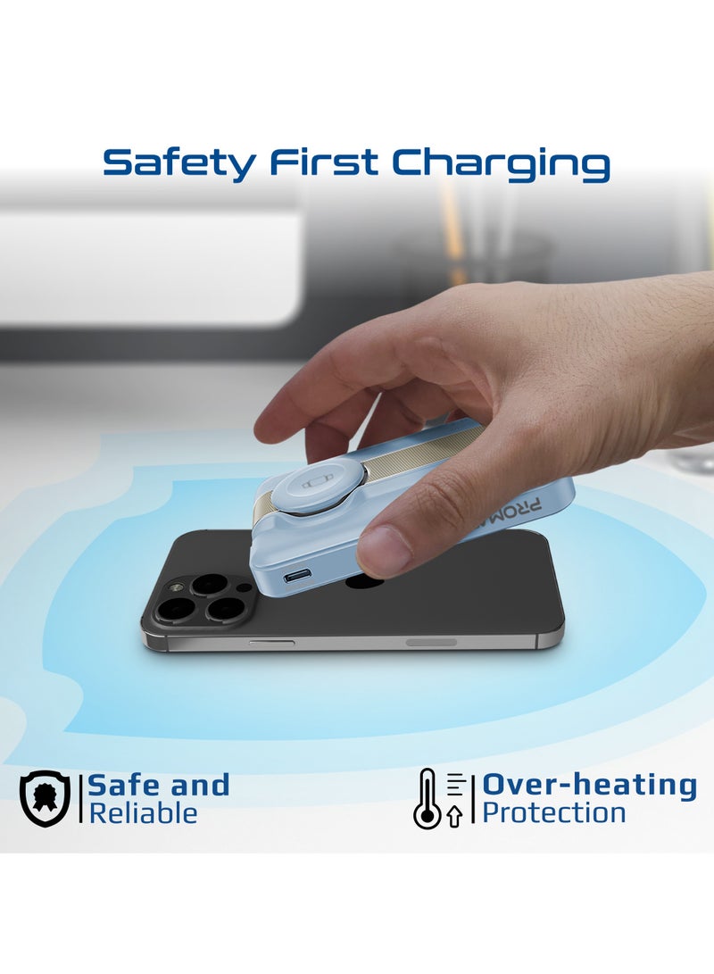 بروميت 10000 mAh Mavrix-3 10000mAh MagSafe Wireless Power Bank with Apple Watch Charger, 15W MagSafe, 20W USB-C PD, Kickstand & Strong N52 Magnets – Ultra-Compact Travel-Safe Charging Station - Blue - Image 4