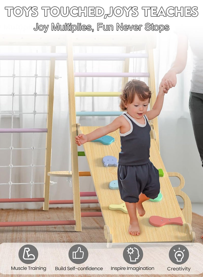 Kidle Upgraded Indoor Playground 9-in-1 Jungle Gym Kids Climbing Toys Montessori Philosophy Waldorf Style Wooden Climber Playset with Slide Swing Monkey Bars Upright/Rope Ladder Climb Net Rainbow - Image 3