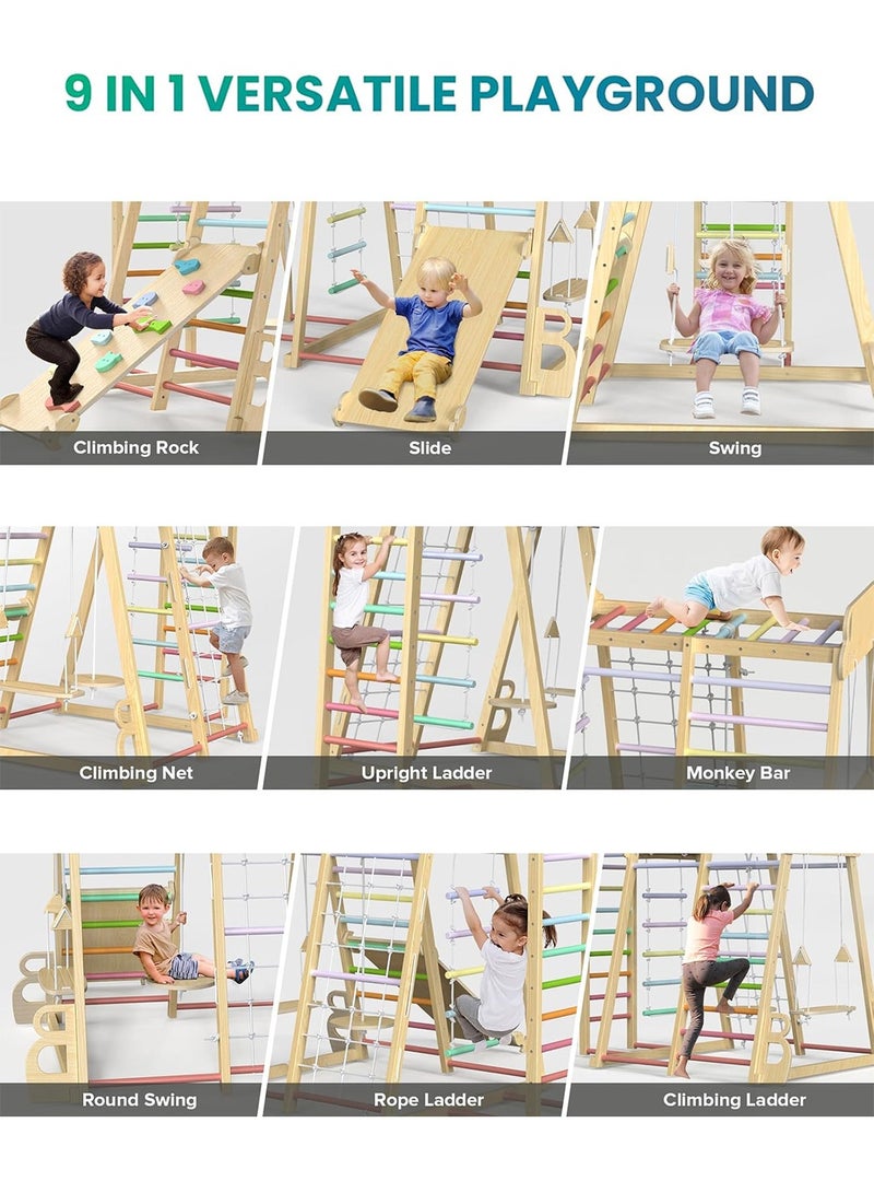 Kidle Upgraded Indoor Playground 9-in-1 Jungle Gym Kids Climbing Toys Montessori Philosophy Waldorf Style Wooden Climber Playset with Slide Swing Monkey Bars Upright/Rope Ladder Climb Net Rainbow - Image 2