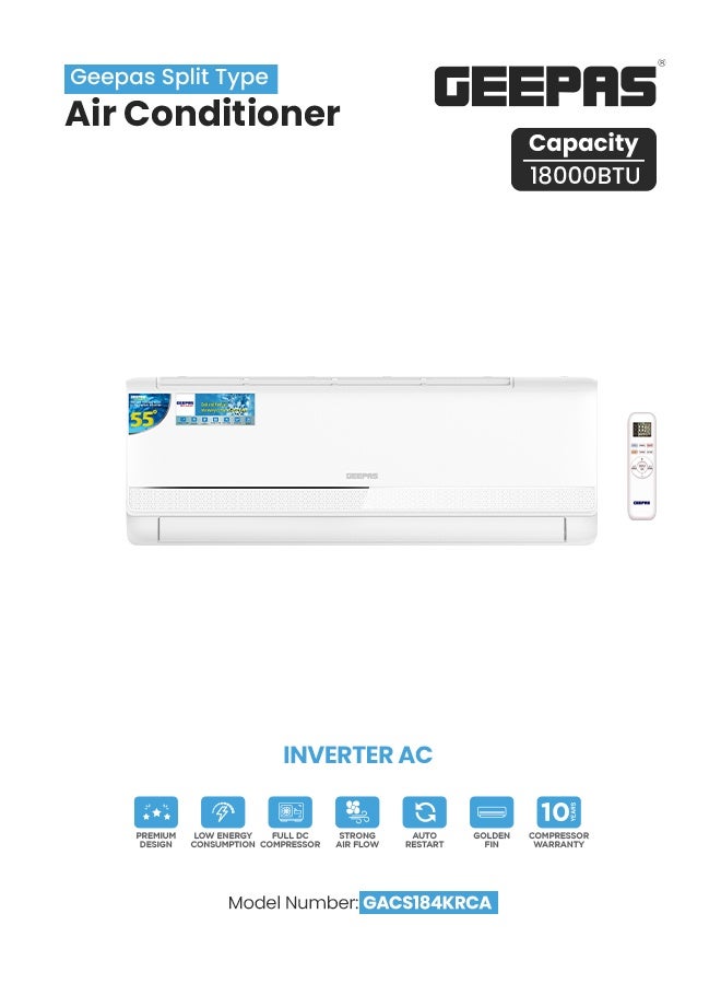 Geepas 1.5 Ton Split AC GACS184KRCA – Inverter Compressor, Hot & Cold, Golden Fin, Includes Pipe Kit, Strong Airflow, LED Display, Energy Efficient Cooling & Heating GACS184KRCA White - Image 1