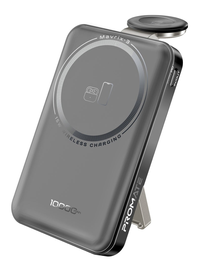 بروميت 10000 mAh Mavrix-3 10000mAh MagSafe Wireless Power Bank with Apple Watch Charger, 15W MagSafe, 20W USB-C PD, Kickstand & Strong N52 Magnets – Ultra-Compact Travel-Safe Charging Station - Black - Image 1