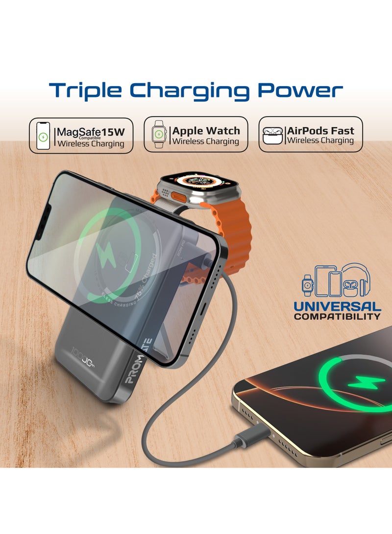 بروميت 10000 mAh Mavrix-3 10000mAh MagSafe Wireless Power Bank with Apple Watch Charger, 15W MagSafe, 20W USB-C PD, Kickstand & Strong N52 Magnets – Ultra-Compact Travel-Safe Charging Station - Black - Image 2