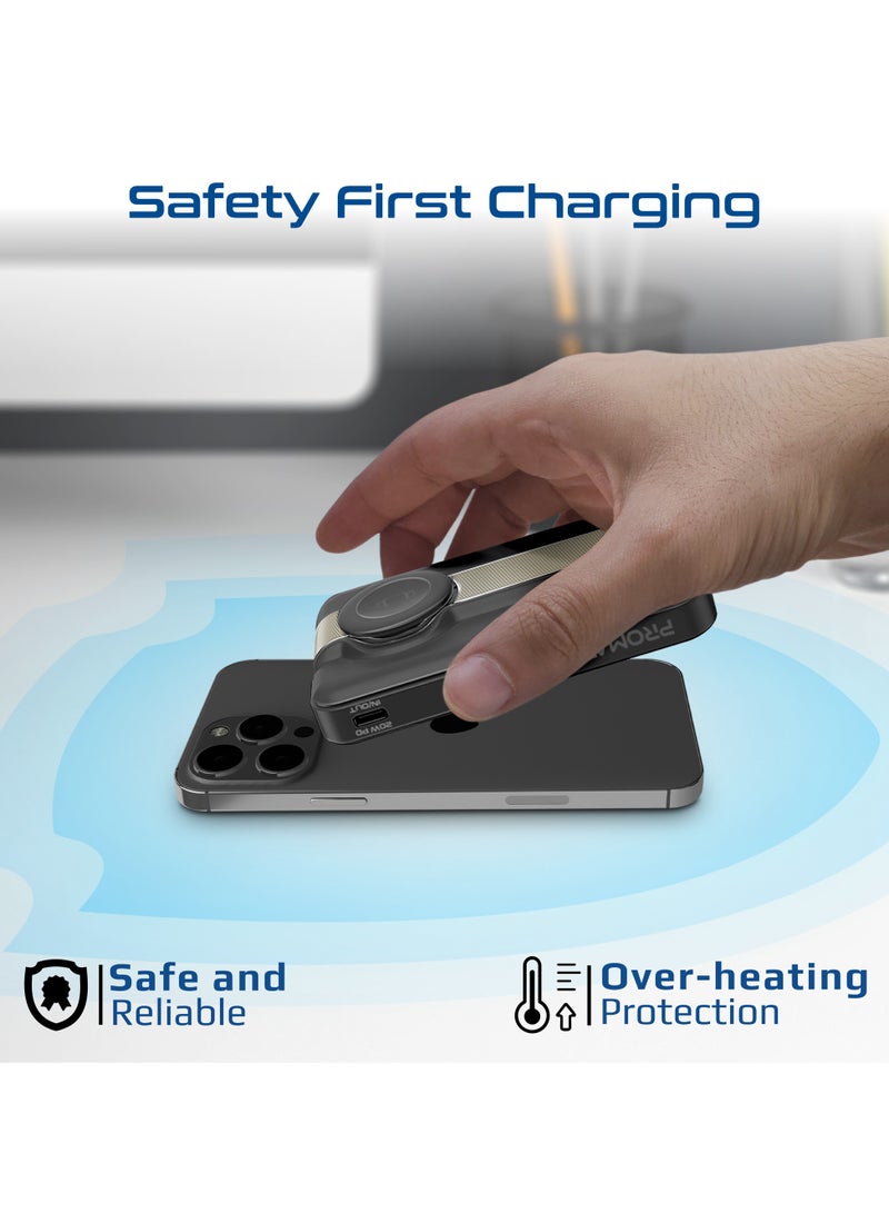 بروميت 10000 mAh Mavrix-3 10000mAh MagSafe Wireless Power Bank with Apple Watch Charger, 15W MagSafe, 20W USB-C PD, Kickstand & Strong N52 Magnets – Ultra-Compact Travel-Safe Charging Station - Black - Image 4