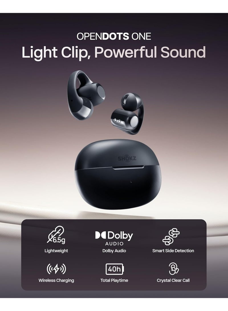 شوكز سماعات أذن مفتوحة OpenDots ONE، صوت دولبي متميز، سماعات أذن قابلة للتعليق 6.5 جرام، 40 ساعة من وقت التشغيل، بلوتوث 5.4، سماعات لاسلكية مع ميكروفون، شحن سريع، IP54، مع قطعة قماش للتنظيف، للتنقل - Image 3