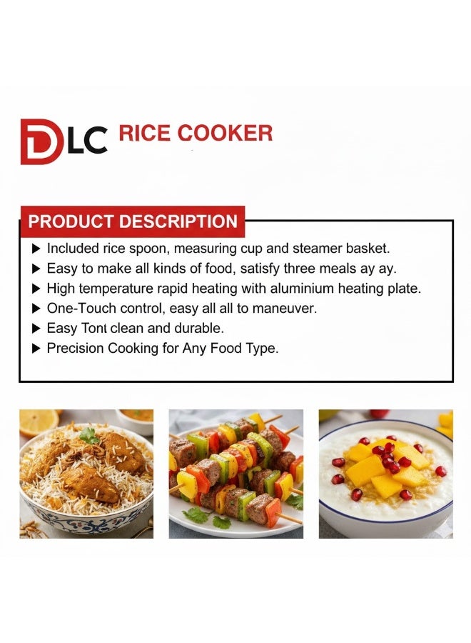 دي إل سي  طباخ أرز أوتوماتيكي مع وعاء غير لاصق، وظيفة الحفاظ على الحرارة، سلة بخار، ملعقة وكوب قياس (1 لتر) - Image 4