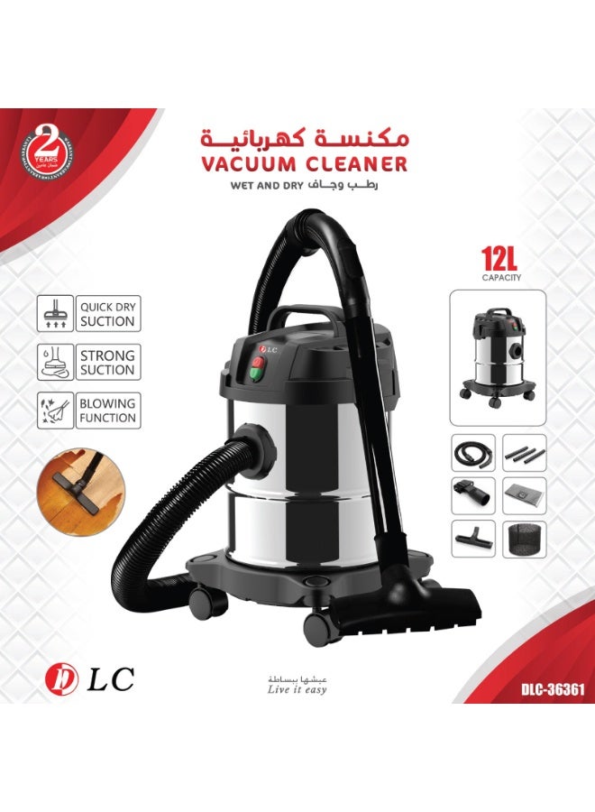 DLC 3-in-1 Wet & Dry Vacuum Cleaner with Powerful Suction & Blower – Heavy-Duty 12L Tank, Multi-Filtration System, 220-240V – Ideal for Home, Garage, Workshop & Office 12 L 1200 W 36361 black - Image 1
