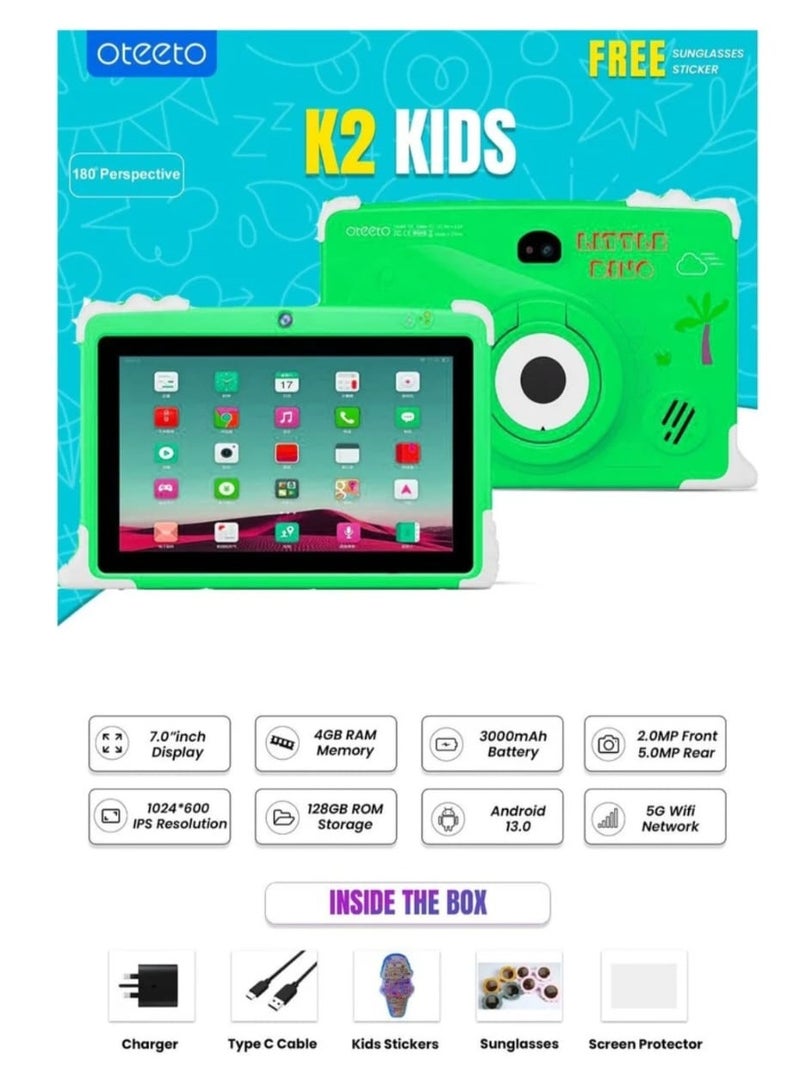 Oteeto Tab K2 Kids Tablet – 7" HD Display, Android, Parental Control, Learning Apps, WiFi, Kid-Proof Case – Educational Tablet for Kids (Ages 3–12), Green - Image 2