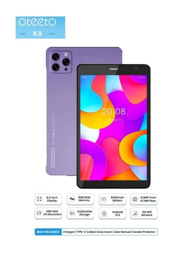 Oteeto Tab K9 5G Android Tablet With 8-Inch Display 5.0 MP Front 13.0 MP Rear Camera 8GB RAM 512GB ROM and 5000 mAh Battery With Keyboard - Blue - Image 4