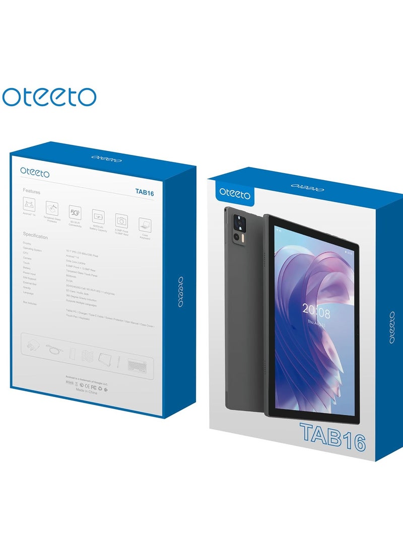 Oteeto TAB 16 Tablet 10.1-Inch IPS LCD/Octa Core 2.0GHz Android 14 4G Connectivity 6000 mAh Battery 12GB + 512GB 8MP Front + 13MP Rear Camera Keyboard Touch Pen - Gray - Image 4