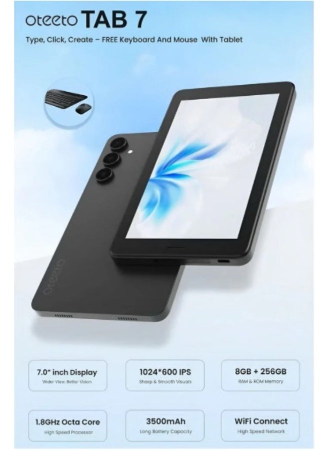 Oteeto TAB 7 7 Inch Display Sim Support Android Tablet With 8GB RAM + 256GB ROM 3500mAh Battery Keyboard & Mouse (Blue) - Image 2