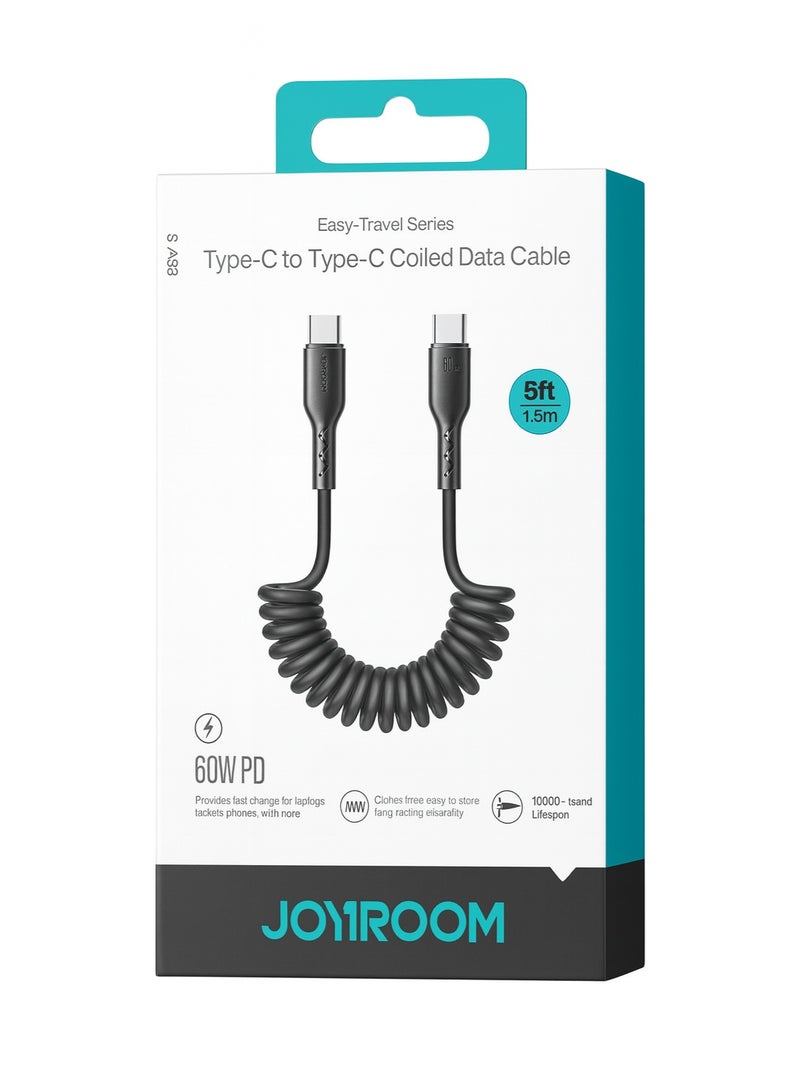 جوي روم S-A38 Type-C to Type-C Cable — Elegant Coiled Design, Anti-Cut Durability, 1.5m Length, Supports 60W Fast Charging - Black - Image 1