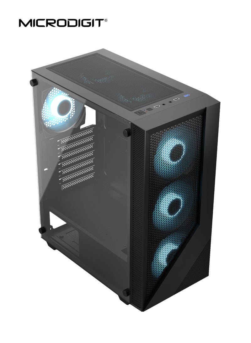 Microdigit Raider Series Desktop Gaming Computer Case / PC Cabinet Strata with Tempered Glass Side Panel & Cooling Fan With RGB Light  Black - Supports ATX/ Micro ATX/ Mini ITX - MD0954PC black - Image 3