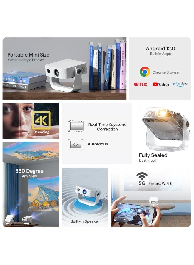 وونكت Portable Smart Projector | 1080P Full HD, 300 ANSI Lumens, Max 250" Screen, Android 12, Auto Focus & Keystone,Built-in WiFi & Bluetooth, Dust-Proof Design, Supports Netflix/Prime/YouTube/4K Q9 1080p white - Image 2