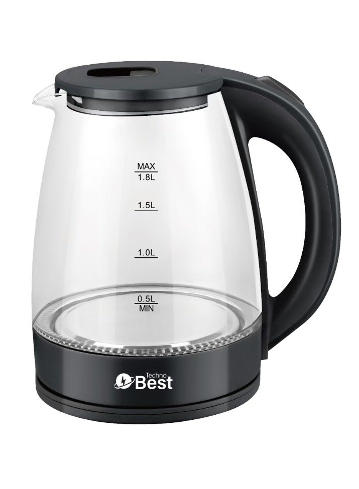 Techno Best Electric Glass Kettle 1.8L 1500 WATTS 1.8 L 1500 W BGK-004 Black - Image 1