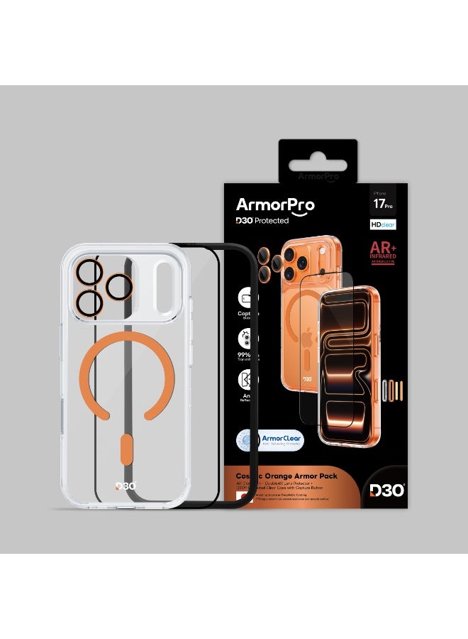 ArmorPro D3O 3-in-1 Combo with Capture Button (HD Anti-Reflective Screen Protector & DoubleAR Camera Lens & D3O Clear Case with Orange MagSafe) for iPhone 17 Pro – Complete protection and premium design - Clear - Image 3