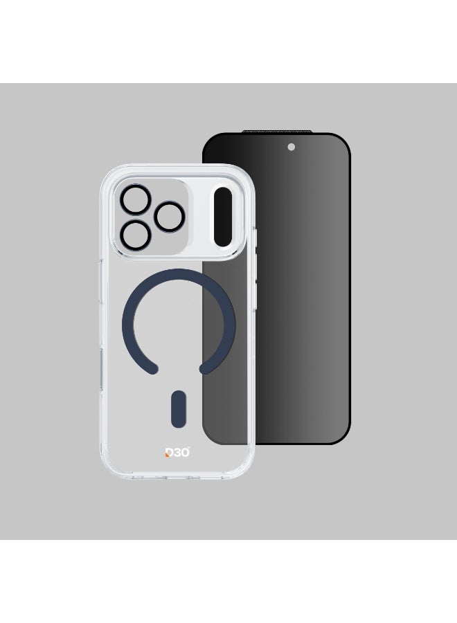 ارمور برو مجموعة D3O 3 في 1 مع زر الالتقاط (حامي شاشة مضاد للانعكاس للخصوصية وعدسة كاميرا DoubleAR وحافظة D3O شفافة مع MagSafe أزرق داكن) لجهاز iPhone 17 Pro - تصميم فاخر يركز على الخصوصية - - Image 3