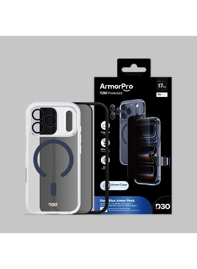ارمور برو مجموعة D3O 3 في 1 مع زر الالتقاط (حامي شاشة مضاد للانعكاس للخصوصية وعدسة كاميرا DoubleAR وحافظة D3O شفافة مع MagSafe أزرق داكن) لجهاز iPhone 17 Pro - تصميم فاخر يركز على الخصوصية - - Image 2