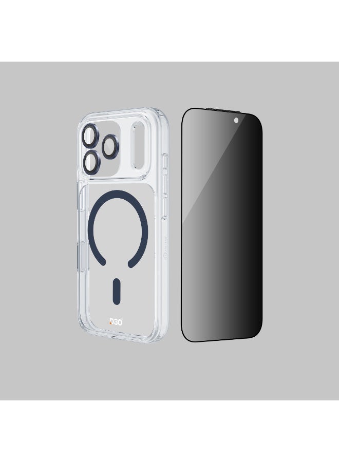 ارمور برو مجموعة D3O 3 في 1 مع زر الالتقاط (حامي شاشة مضاد للانعكاس للخصوصية وعدسة كاميرا DoubleAR وحافظة D3O شفافة مع MagSafe أزرق داكن) لجهاز iPhone 17 Pro - تصميم فاخر يركز على الخصوصية - - Image 4