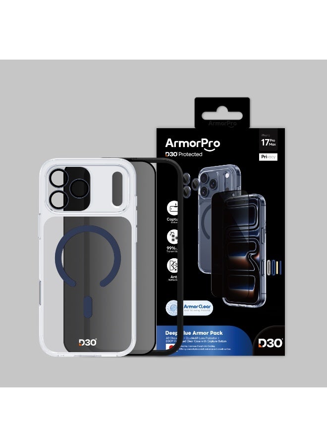 ArmorPro D3O 3-in-1 Combo with Capture Button (Privacy Anti-Reflective Screen Protector & DoubleAR Camera Lens & D3O Clear Case with Deep Blue MagSafe) for iPhone 17 Pro Max – Advanced protection and performance - Clear - Image 2