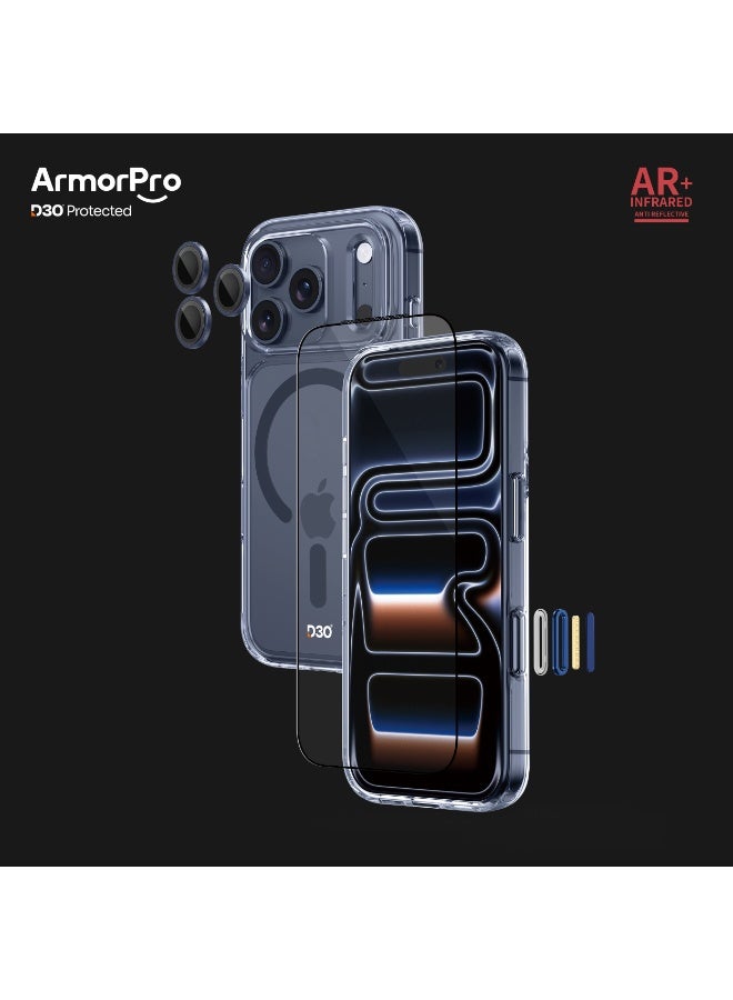 ArmorPro D3O 3-in-1 Combo with Capture Button (HD Anti-Reflective Screen Protector & DoubleAR Camera Lens & D3O Clear Case with Deep Blue MagSafe) for iPhone 17 Pro – Elegant full-protection combo - Clear - Image 1