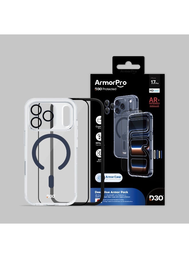 ArmorPro D3O 3-in-1 Combo with Capture Button (HD Anti-Reflective Screen Protector & DoubleAR Camera Lens & D3O Clear Case with Deep Blue MagSafe) for iPhone 17 Pro – Elegant full-protection combo - Clear - Image 2